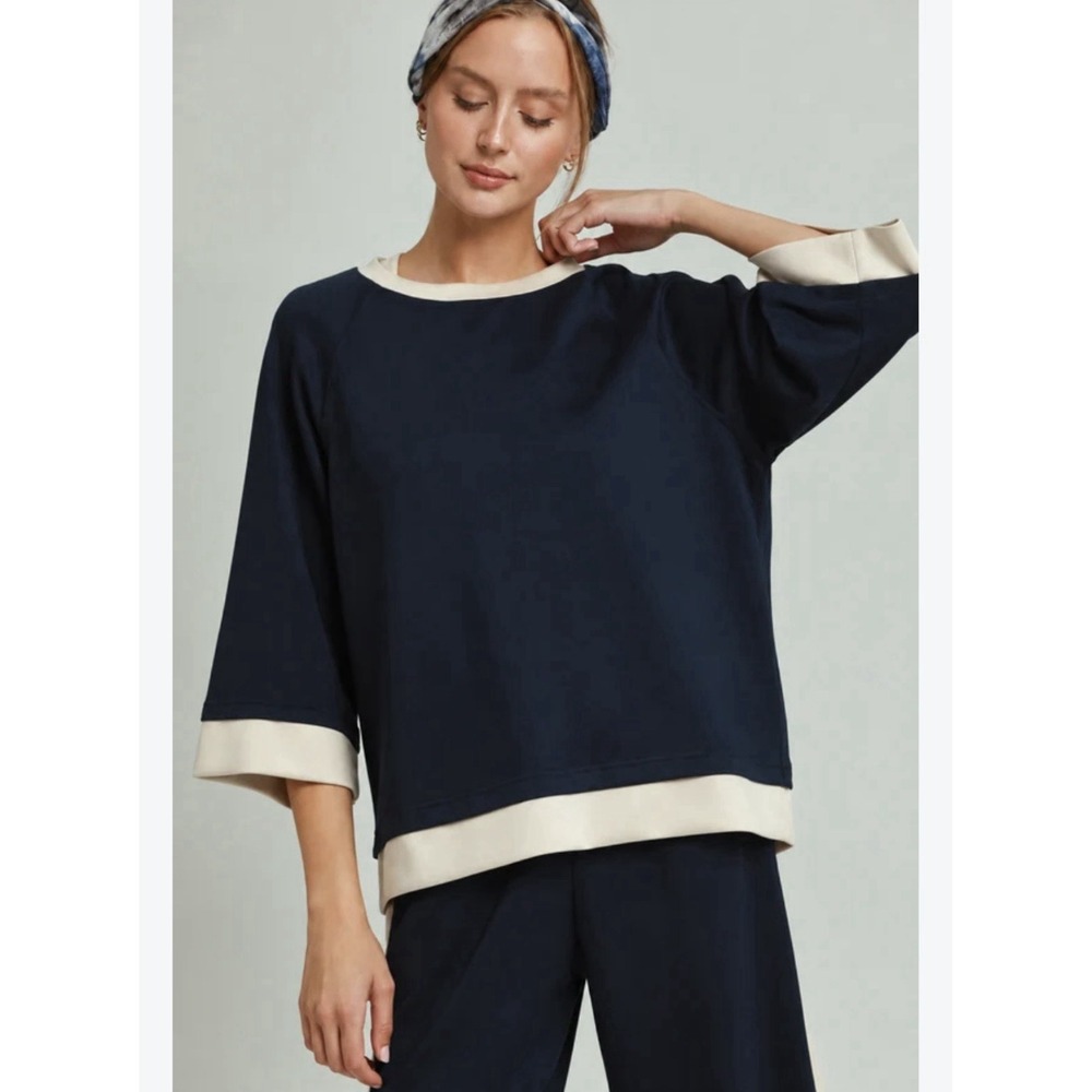New Gretchen Scott Flowy Boxy Blouse Sz Small Oversized Navy Blue Preppy